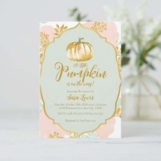 Gold Fall Pumpkin Baby Dusche Einladung (Stehend Vorderseite)