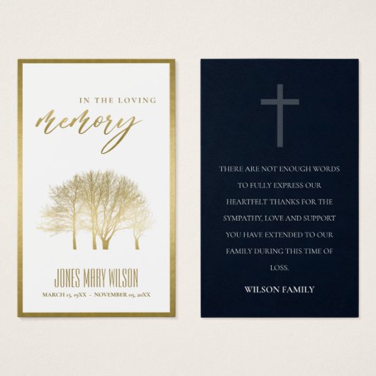 GOLD FALL TREE SYMPATHY MEMORIAL THANK YOU CARD (Vorne & Hinten)