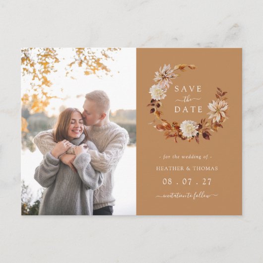 Gold Fall Wreath Wedding Foto Save the Date Ankündigungspostkarte (Vorderseite)