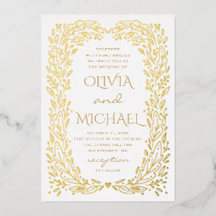 Gold fallen botanische Hochzeit. Eleganter Herbstb Folieneinladung