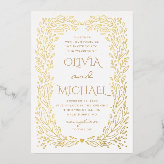 Gold fallen botanische Hochzeit. Eleganter Herbstb Folieneinladung (Vorderseite)