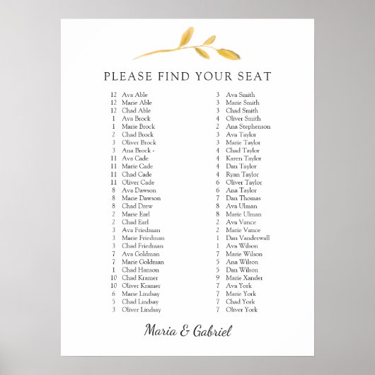 Gold fällt. Elegante Hochzeitsstichtabelle Poster (Vorne)