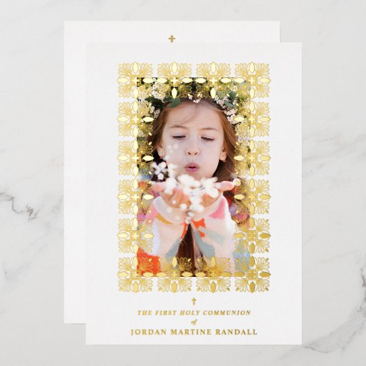 Gold Fancy Ornament Lace Effect Modern Photo Folieneinladung (Vorderseite/Rückseite)