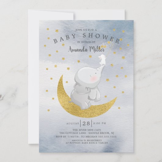 Gold Fang ein Star Bunny Elephant Baby Boy Dusche Einladung (Vorderseite)