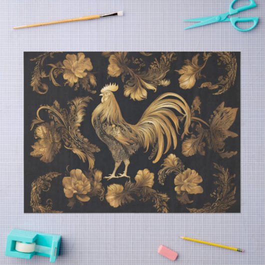 Gold Farmhouse Rooster auf schwarz Seidenpapier (Basteln)