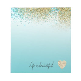 Gold Faux Glitter Aqua Ombre Heart   Notizblock