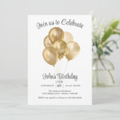 Gold Faux Glitter Balloon Birthday Party Einladung (Stehend Vorderseite)