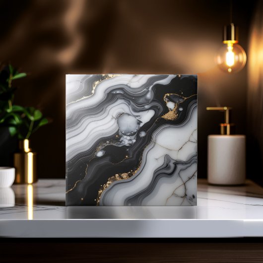 Gold Faux Glitter Veined B&W Marble ID1180b Fliese