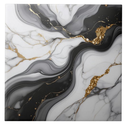 Gold Faux Glitter Veined B&W Marble ID1180c Fliese (Vorderseite)
