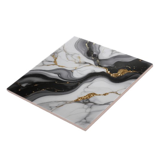 Gold Faux Glitter Veined B&W Marble ID1180c Fliese (Seite)