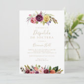 Gold Feather Boho Floral Spanisches Brautparty Einladung (Stehend Vorderseite)