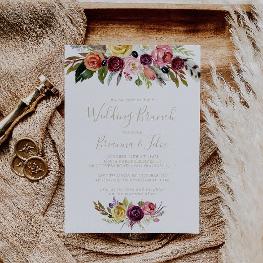 Gold Feather Boho Tropical Floral Wedding Brunch Einladung