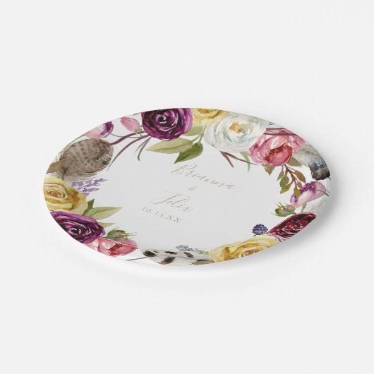 Gold Feather Boho Tropical Floral Wedding Cake Pappteller (Schrägansicht)