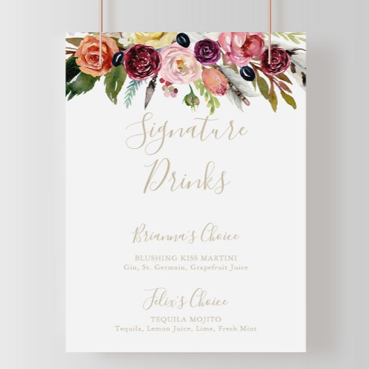 Gold Feather Boho Tropical Signature Drinks unterz Poster
