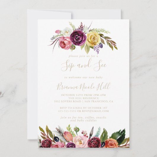 Gold Feather Boho Tropical Sip and See Einladung (Vorderseite)