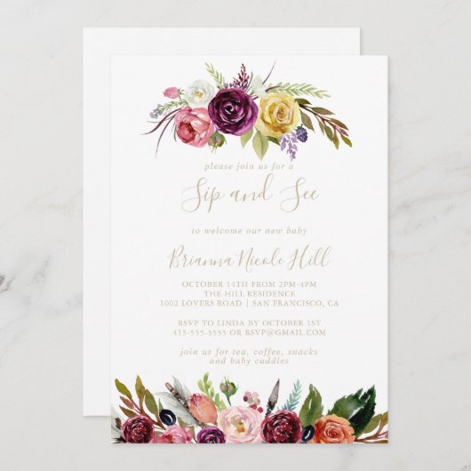 Gold Feather Boho Tropical Sip and See Einladung (Vorne/Hinten)