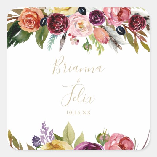 Gold Feather Boho Tropical Wedding Umschlag Aufkle Quadratischer Aufkleber (Vorderseite)