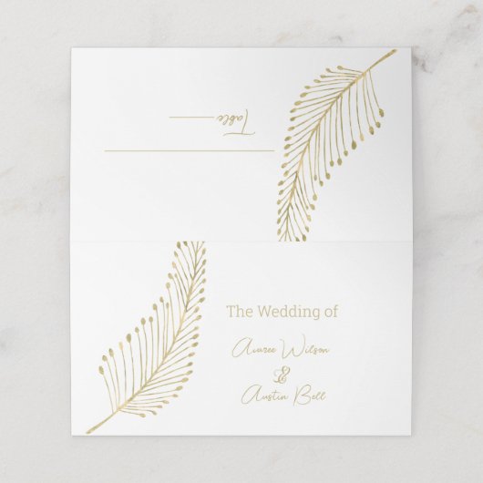 Gold Feather Leaf Name Platzkarte (Außenseite Aufgefaltet)