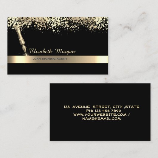 Gold Feather Stripe Confetti Schwarzer Notar Visitenkarte (Vorne/Hinten)