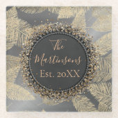 Gold Feathers auf Sleek Silver Familienname Glasuntersetzer (Vorderseite)