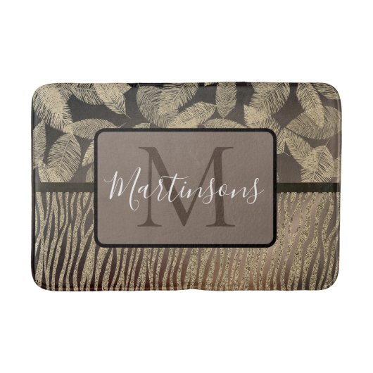 Gold Feathers Glitzer Zebra Print Monogram Badematte (Vorderseite)
