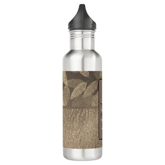 Gold Feathers Glitzer Zebra Print Monogram Edelstahlflasche (Links)
