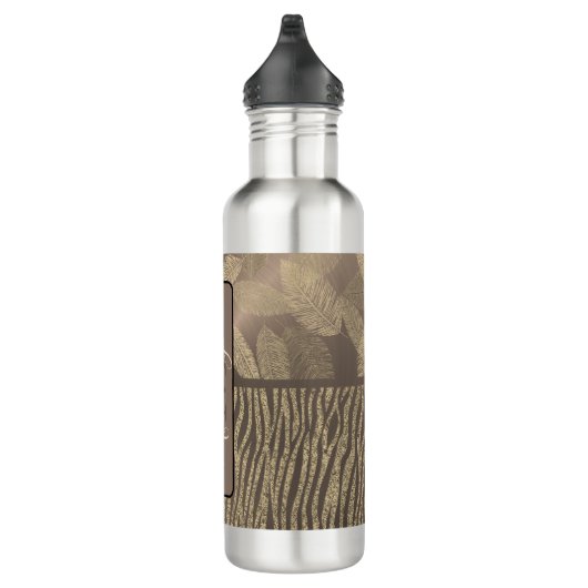 Gold Feathers Glitzer Zebra Print Monogram Edelstahlflasche (Rechts)