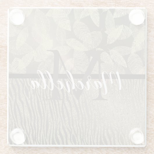 Gold Feathers Glitzer Zebra Print Monogram Glasuntersetzer (Rückseite)