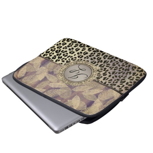Gold Feathers mit Leopard Print Monogram Laptopschutzhülle (Vorne Knopf)