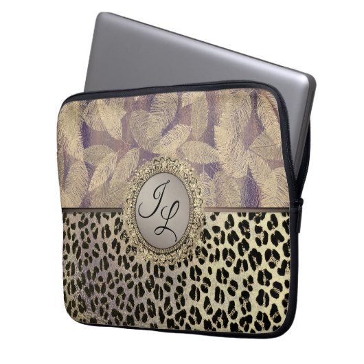 Gold Feathers mit Leopard Print Monogram Laptopschutzhülle (Vorderseite Links)