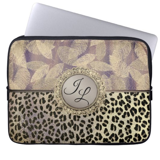 Gold Feathers mit Leopard Print Monogram Laptopschutzhülle (Vorderseite)