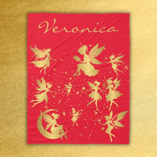 Gold Fees mit Pixie Staub auf rotem Monogramm | Fleecedecke