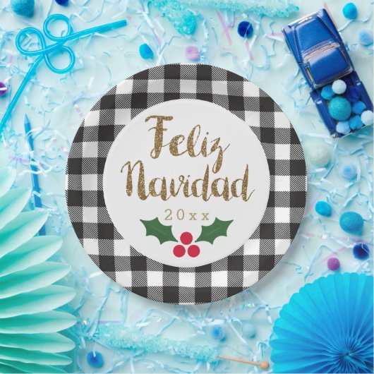 Gold Feliz Navidad Schwarz-weiß Buffalo Kariert Pappteller (Party)