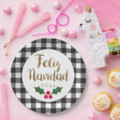 Gold Feliz Navidad Schwarz-weiß Buffalo Kariert Pappteller (Party)