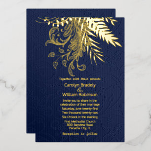 Gold Ferns and Foliage on Blue Damask Wedding Folieneinladung
