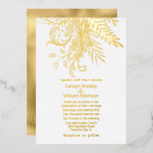 Gold Ferns and Foliage on White Wedding Folieneinladung