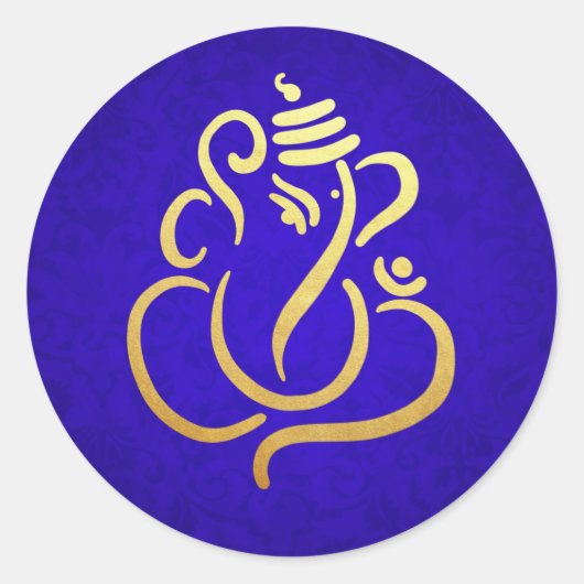 Gold Festive Ganesh | Indian God Damask Blue Runder Aufkleber (Vorderseite)