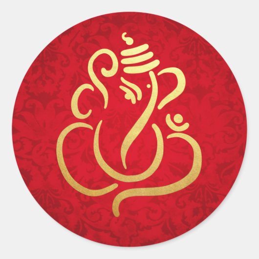Gold Festive Ganesh | Indian God Damask Red Runder Aufkleber (Vorderseite)