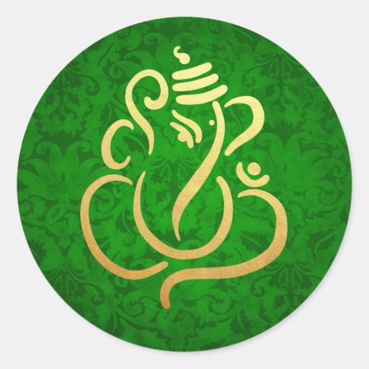 Gold Festive Ganesh | Indischer Gott Damask Green Runder Aufkleber (Vorderseite)