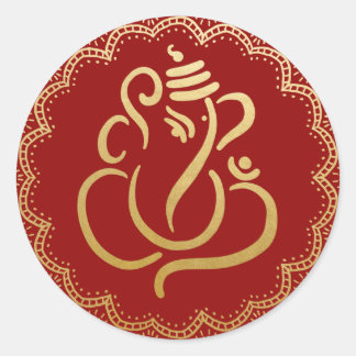 Gold Festive Ganesh | Indischer Gott Rot Runder Aufkleber