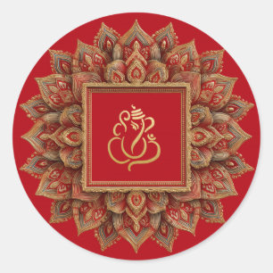 Gold Festive Ganesh   Indischer Gott Rot Runder Aufkleber