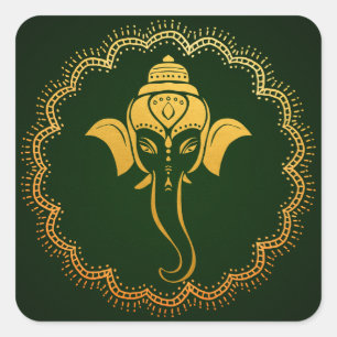 Gold Festiver Ganesha   Indische Hochzeit Grüne Quadratischer Aufkleber