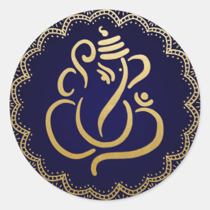 Gold Festiver Ganesha   Indischer Gott Blau Runder Aufkleber