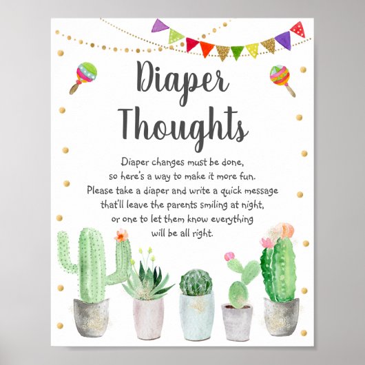Gold Fiesta Cactus Diaper Thoughts Baby Shower Poster (Vorne)