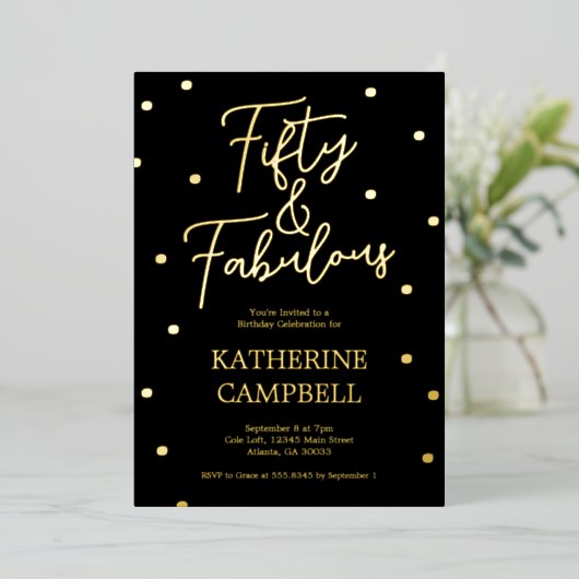 Gold Fifty and Fabulous Script 50th Birthday  Folieneinladung (Stehend vorne)