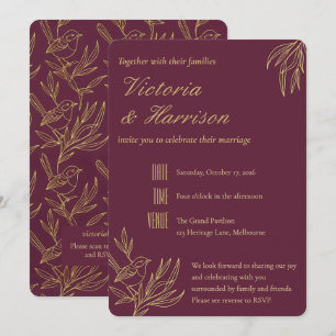 Gold-Filigran Art Deco Merlot-Feenzaun-Hochzeit Einladung