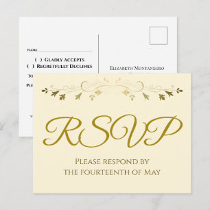 Gold-Filigran-Rand Elegante Creme-Hochzeit-RSVP Postkarte