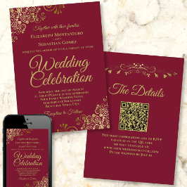 Gold Filigree auf Burgund Elegant QR Code Wedding Einladung