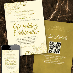 Gold Filigree auf Creme Eleganter QR Code Hochzeit Einladung