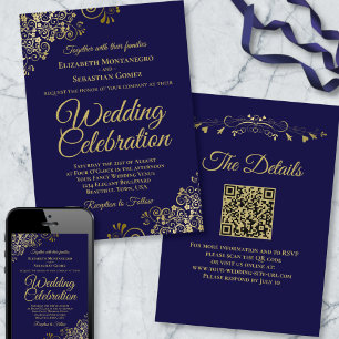 Gold Filigree auf Navy Blue Elegant QR Code Weddin Einladung